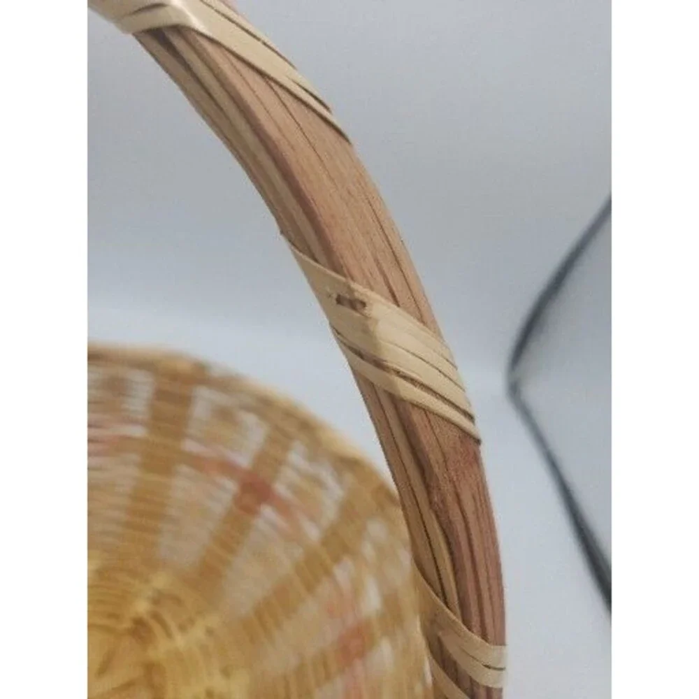 Vintage Woven Easter Basket Pink Bands Handle Made in Mexico 12